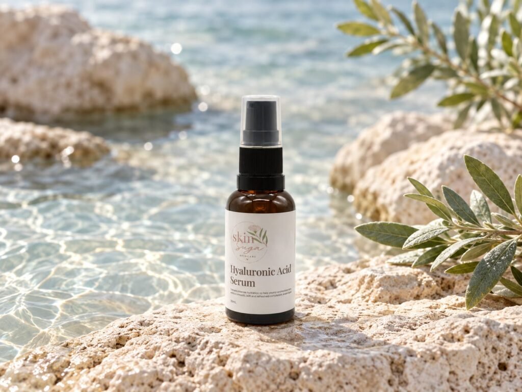 Skin Suga Hyaluronic Acid Serum in a coastal botanical setting