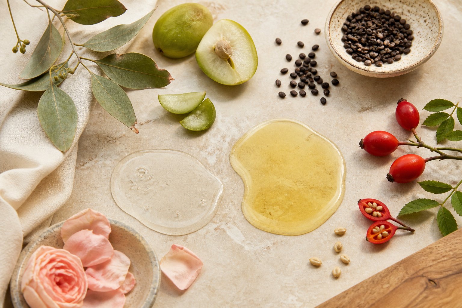 Separate vitamin C serum and bakuchiol oil textures with Kakadu plum, babchi seeds and rosehips