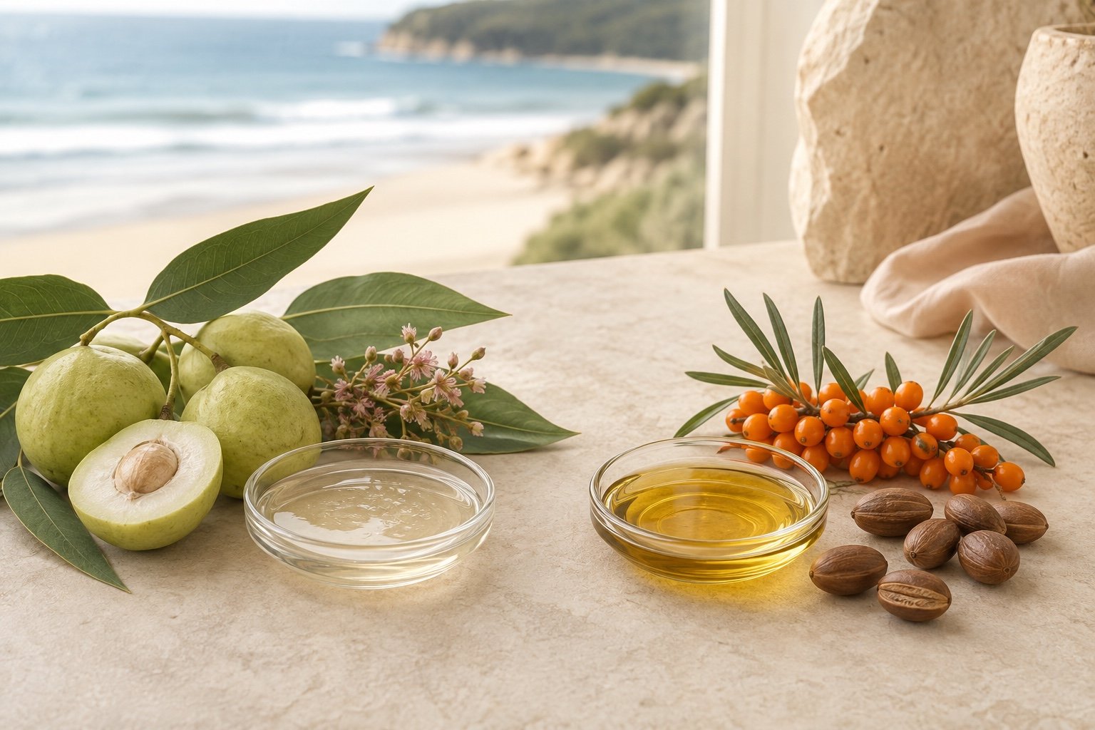 Kakadu plum serum texture and sea buckthorn botanical oil arranged for a vitamin C and vitamin E comparison
