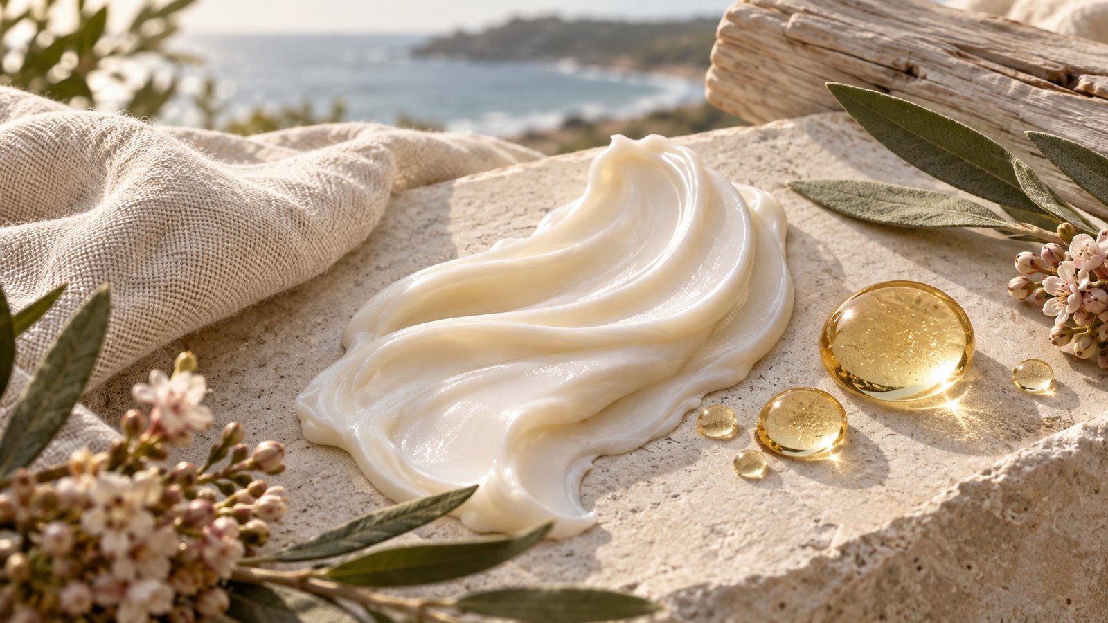 Ivory cream texture and golden lipid droplets styled in soft Australian coastal light