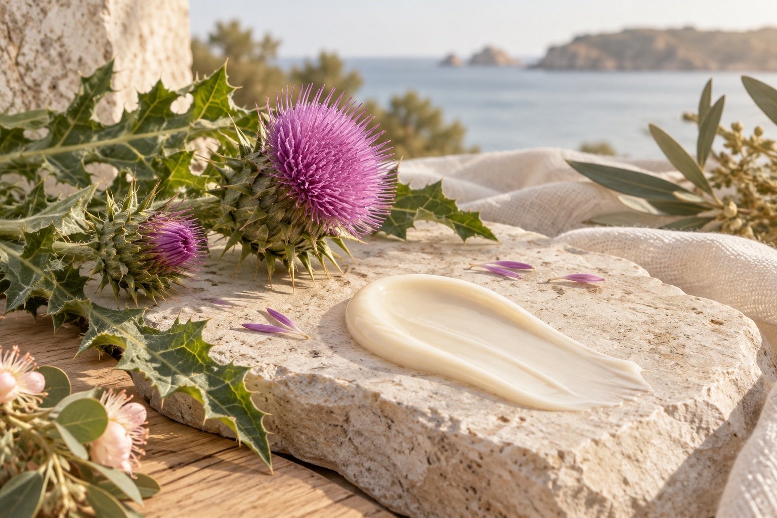 Milk thistle flowers beside a cream cleansing texture in soft Australian coastal light