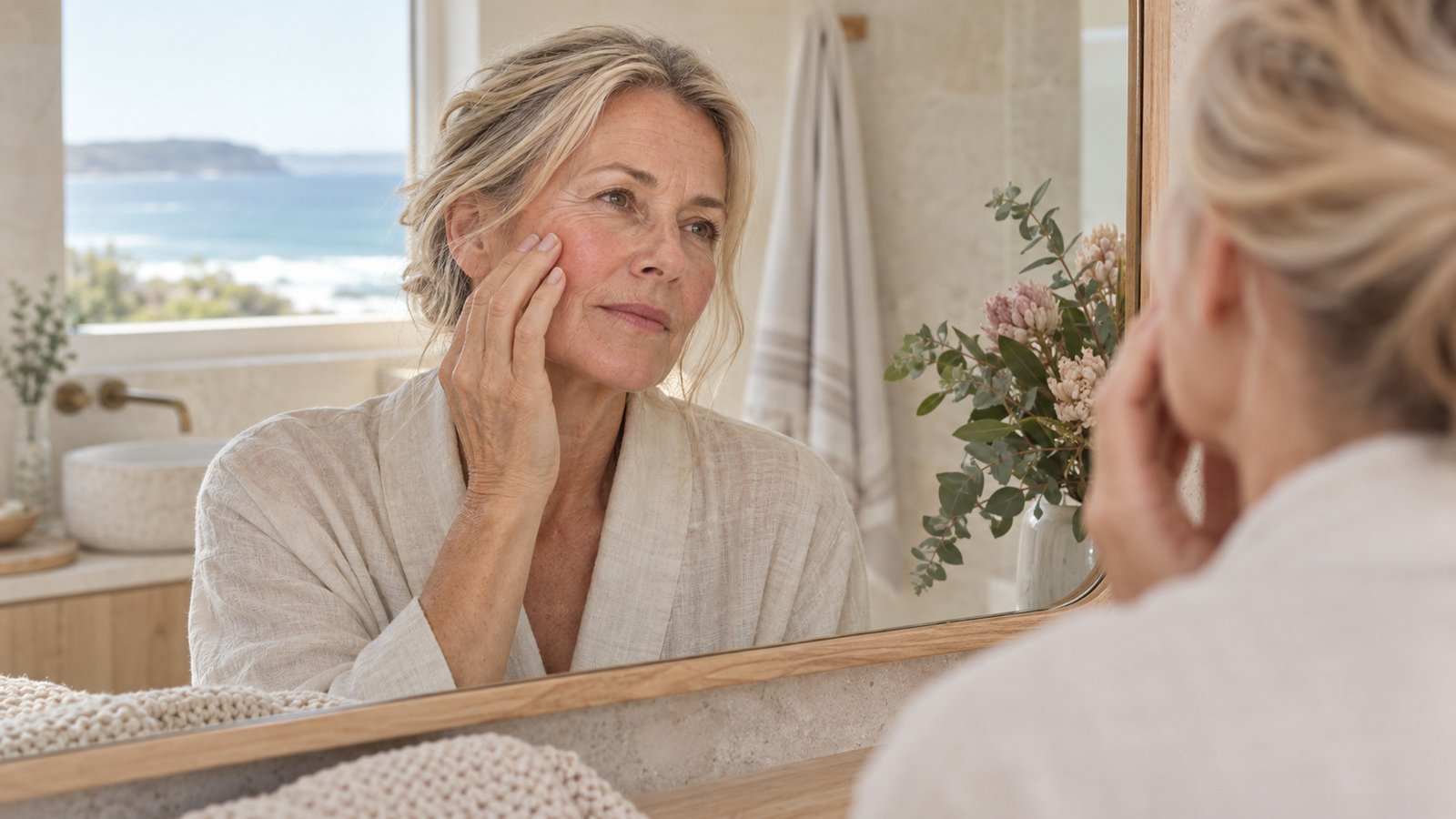 Mature Australian woman calmly checking mild cheek redness in a mirror